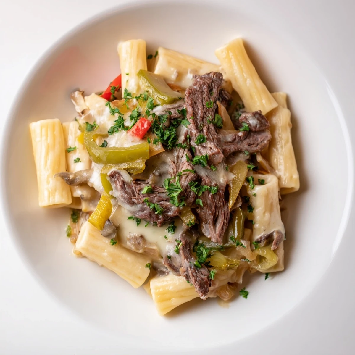 Delicious Philly Cheese Steak Pasta, a comforting bowl of pasta with flavorful beef and cheese.