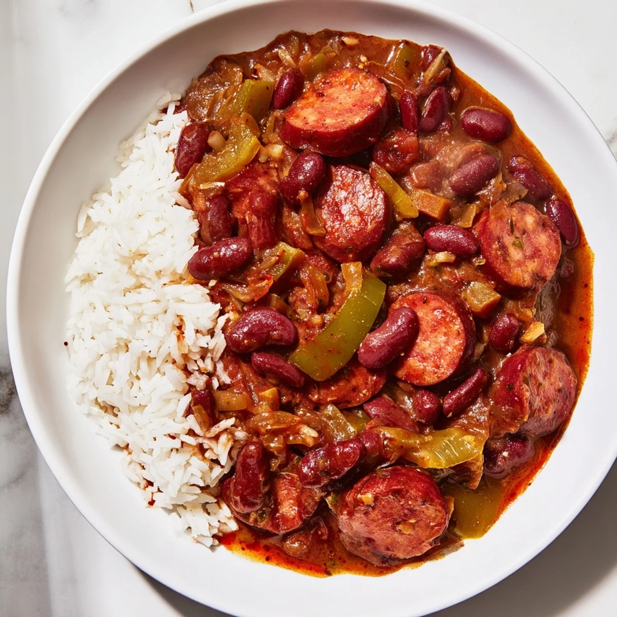 A close-up of hearty Red Beans & Rice, showing rice with visible green onion garnish and a rich broth.