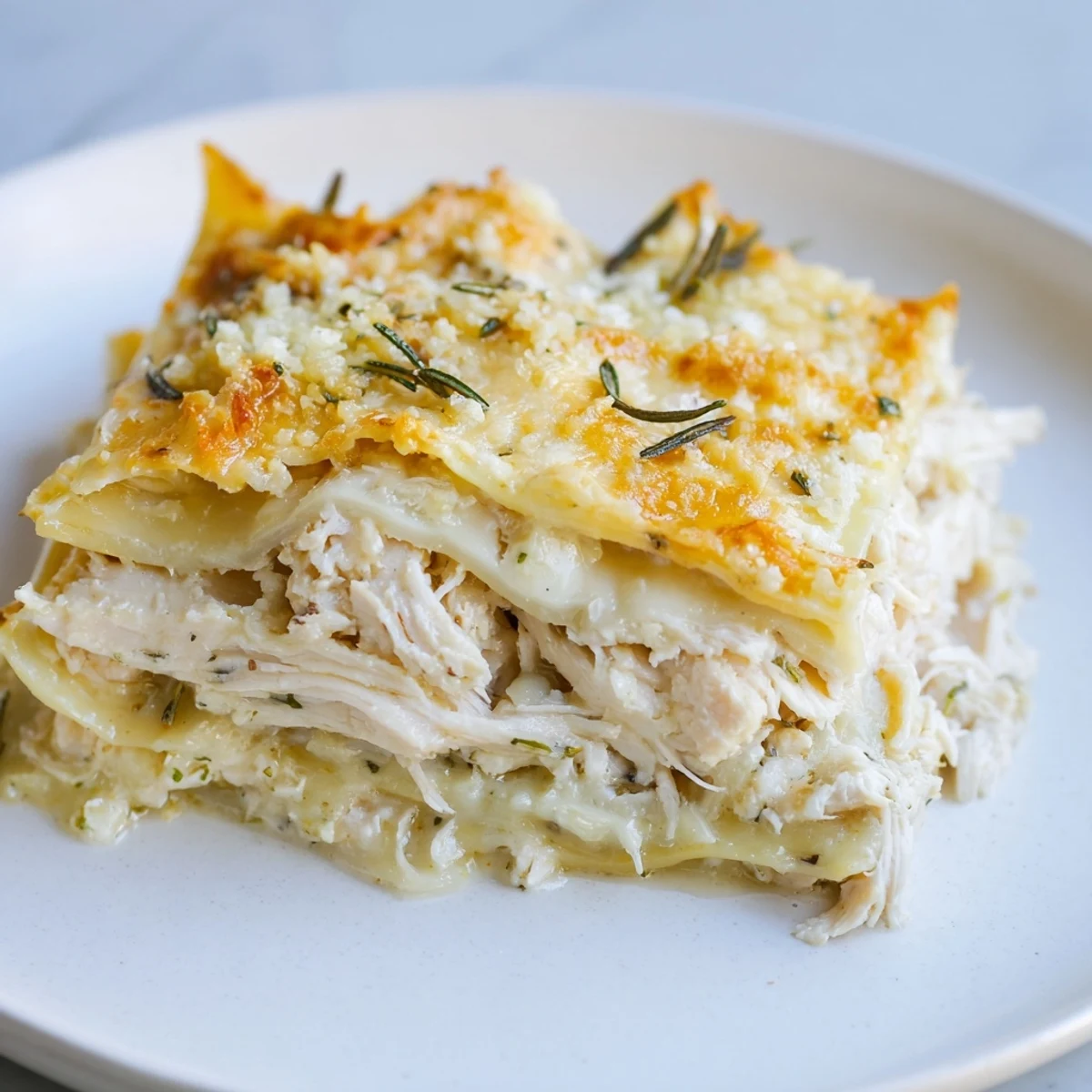 Golden-brown Rosemary Chicken Lasagna bubbling in a baking dish, ready to serve with a cheesy top.