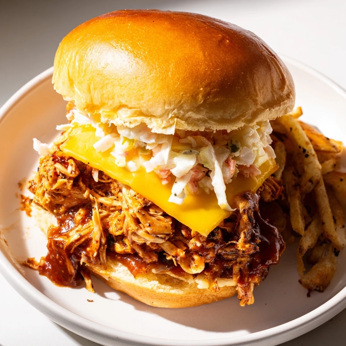BBQ chicken sliders piled high with cheese and coleslaw, alongside golden, crispy fries.