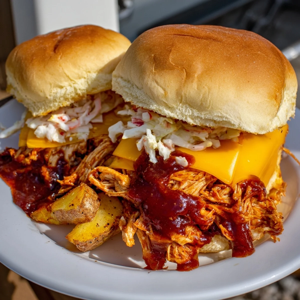 Close-up of a delicious plate of BBQ chicken sliders, with golden fries and a creamy coleslaw topping.