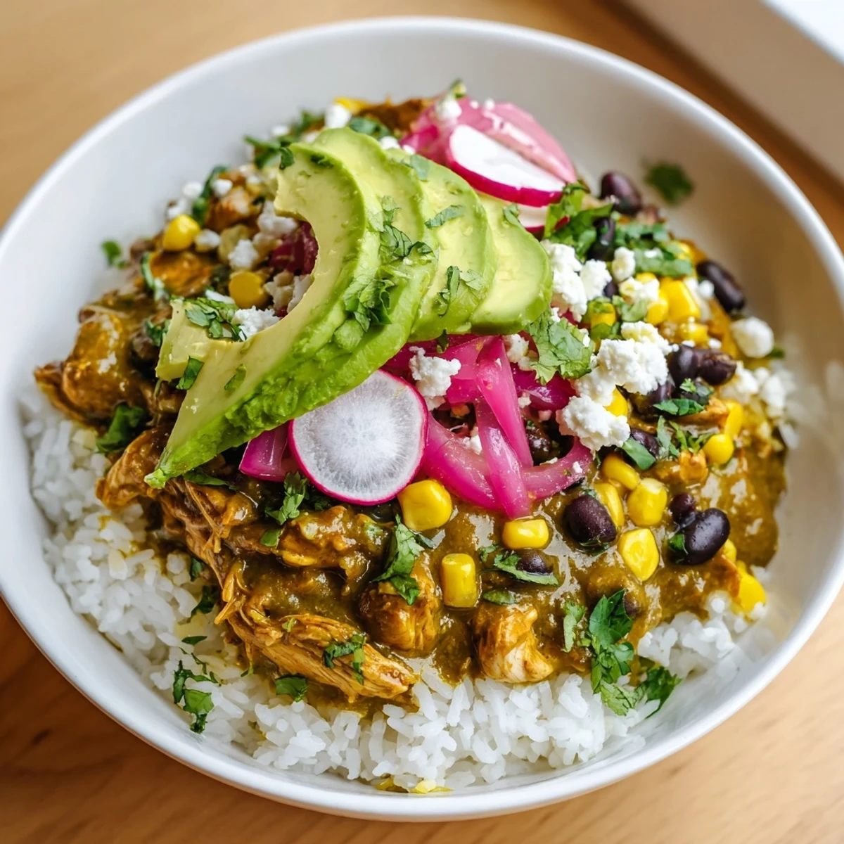 Enjoy the tempting textures in this Green Enchiladas Rice Bowl, perfect for a gluten free Tex-Mex dinner.