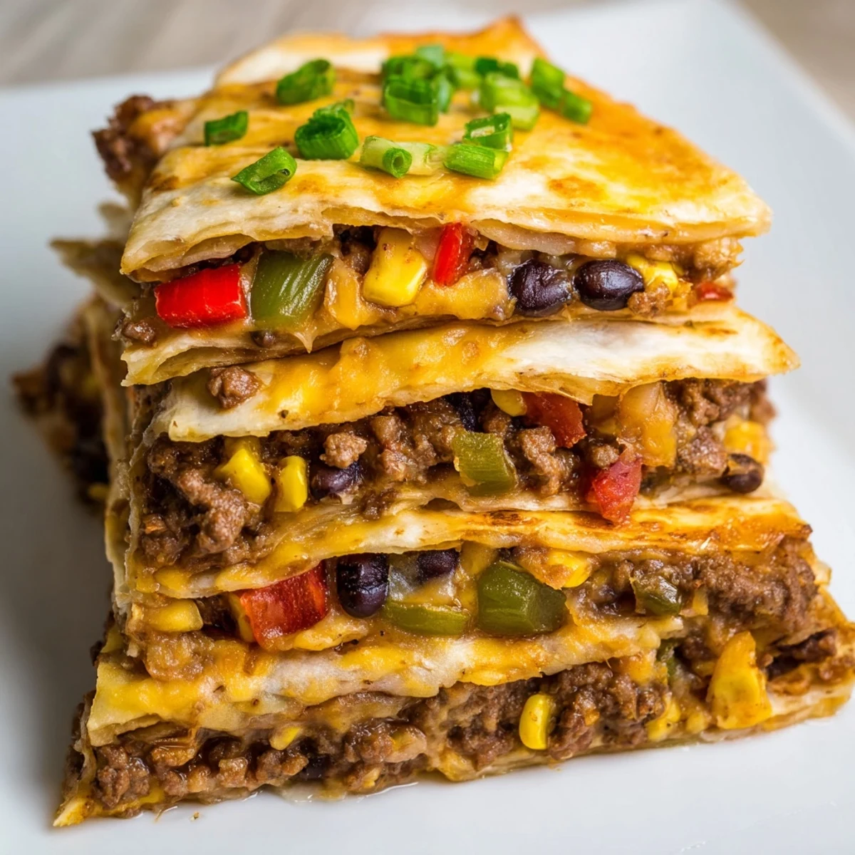 Golden, crispy sheet pan quesadillas with seasoned beef and a melty cheese filling are ready to serve.