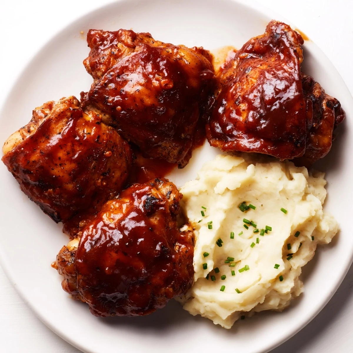 Juicy honey BBQ chicken thighs with crispy skin, paired with a cloud of creamy garlic mashed potatoes.
