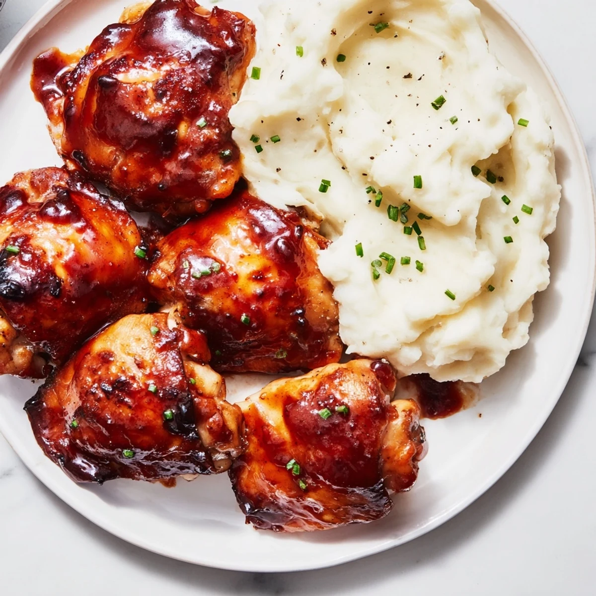 A close-up view of the honey BBQ chicken thighs, served with rich garlic mashed potatoes, promising a flavorful bite.