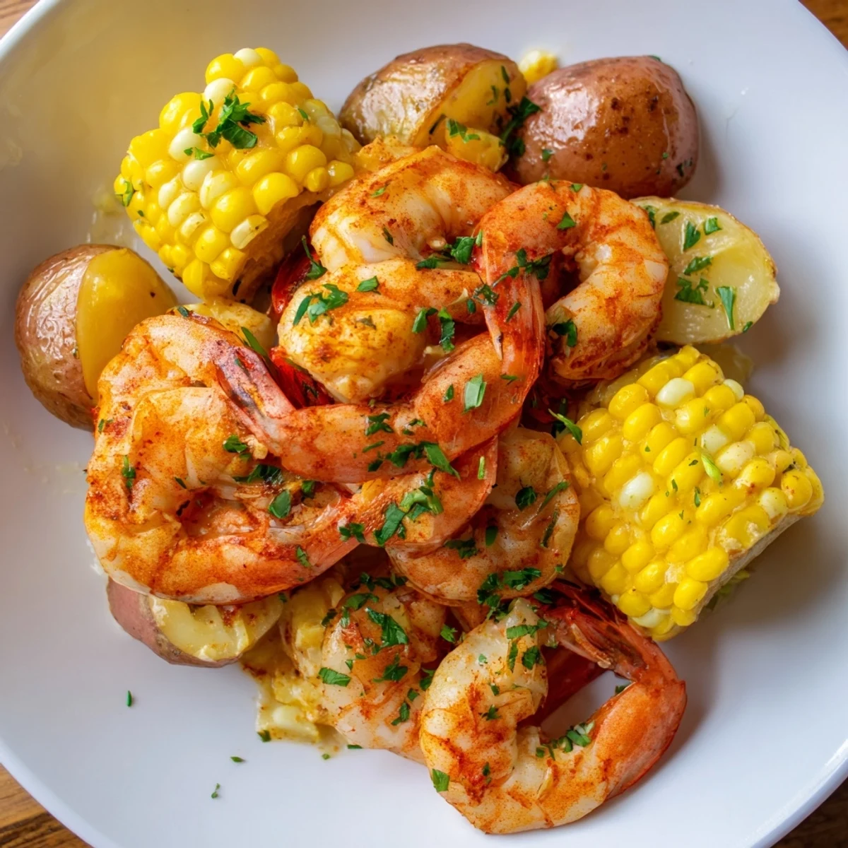 Flavorful Cajun shrimp & sweet corn platter with a side of lemon, a delightful summer dinner.