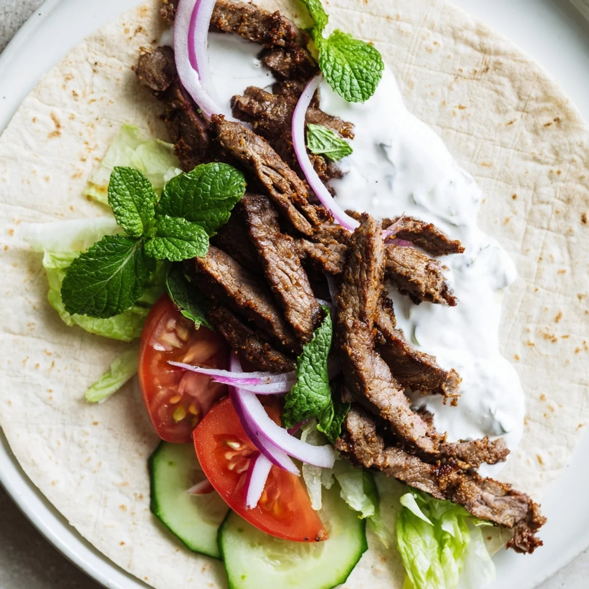 Mouthwatering beef shawarma, showcasing the layered textures of flavorful spiced beef and crisp veggies.