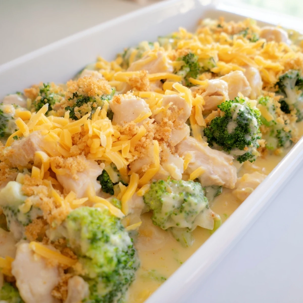 Golden-brown Chicken & Broccoli Cheddar Bake, bubbling hot, ready for a satisfying family dinner.