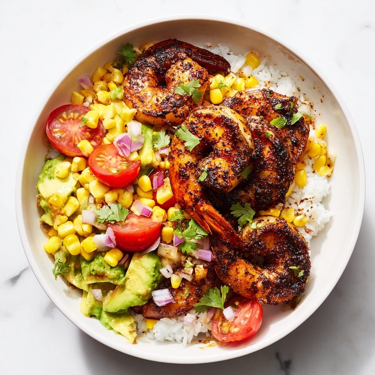 Close-up of a delicious Blackened Shrimp Bowl, perfect for a quick and healthy Southwestern meal.
