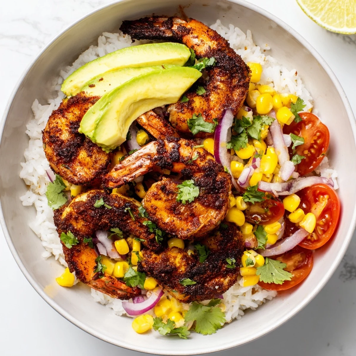 A colorful photo of a Blackened Shrimp Bowl, showcasing the fresh, vibrant ingredients.
