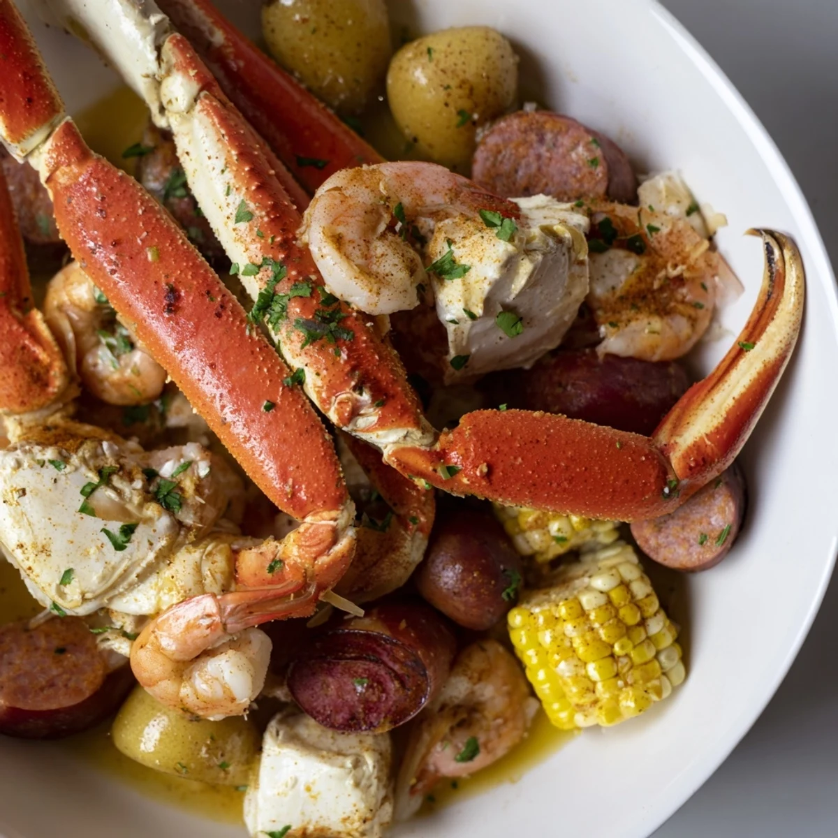 Steaming seafood boil with crab, shrimp, juicy sausage, and corn ready for serving on a table.