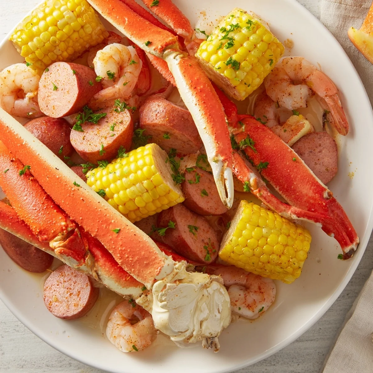 A delicious Southern seafood boil features crab legs, shrimp, and sausage with savory spices and lemon.