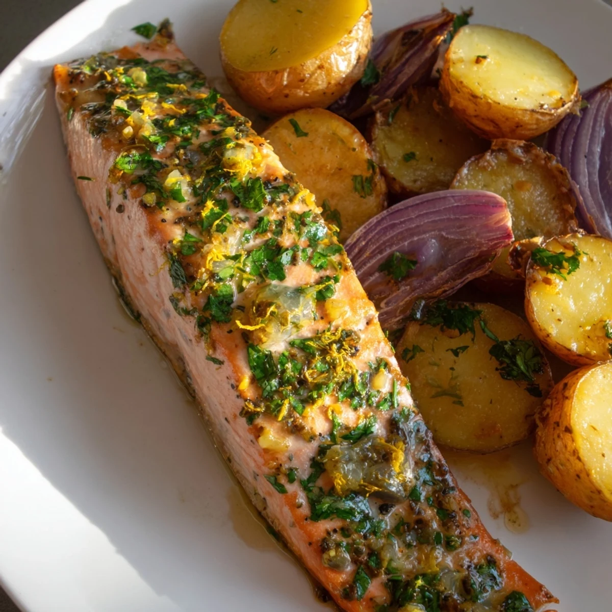 Fragrant Lemon Herb Salmon & Potato Sheet Pan with juicy salmon, roasted veggies, and zesty lemon slices.