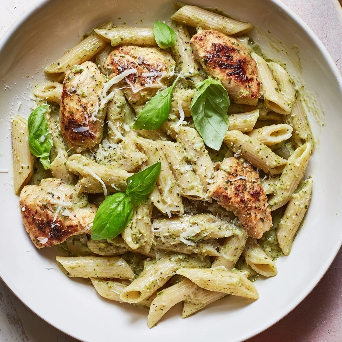 Golden chicken pieces and creamy pesto penne are coated in a vibrant, flavorful sauce.
