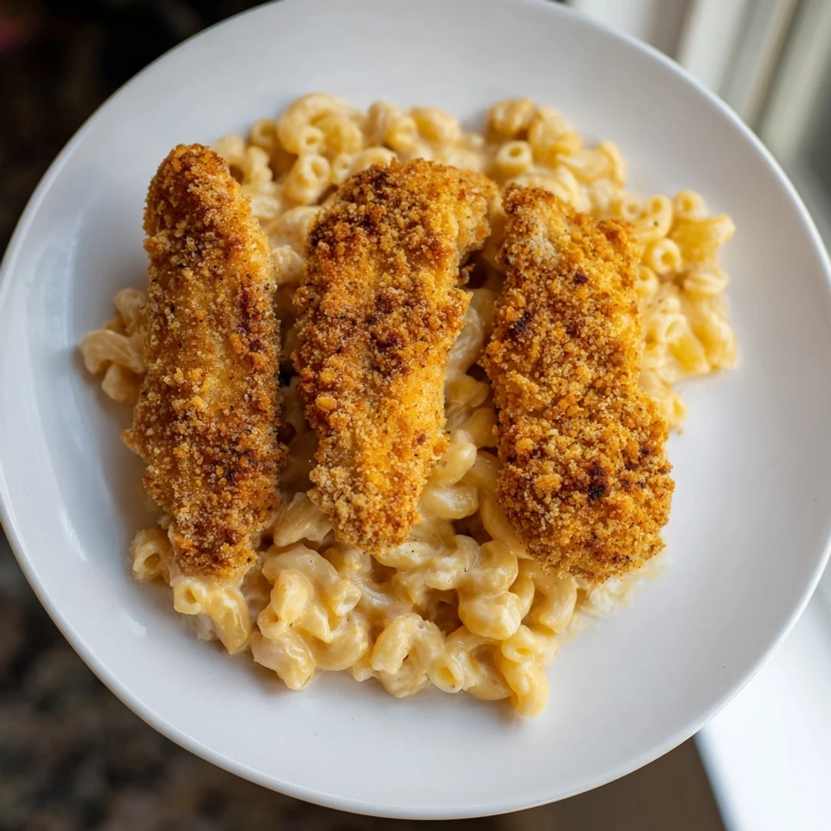 Golden, crispy chicken tenders and creamy macaroni and cheese—a comforting American classic meal.