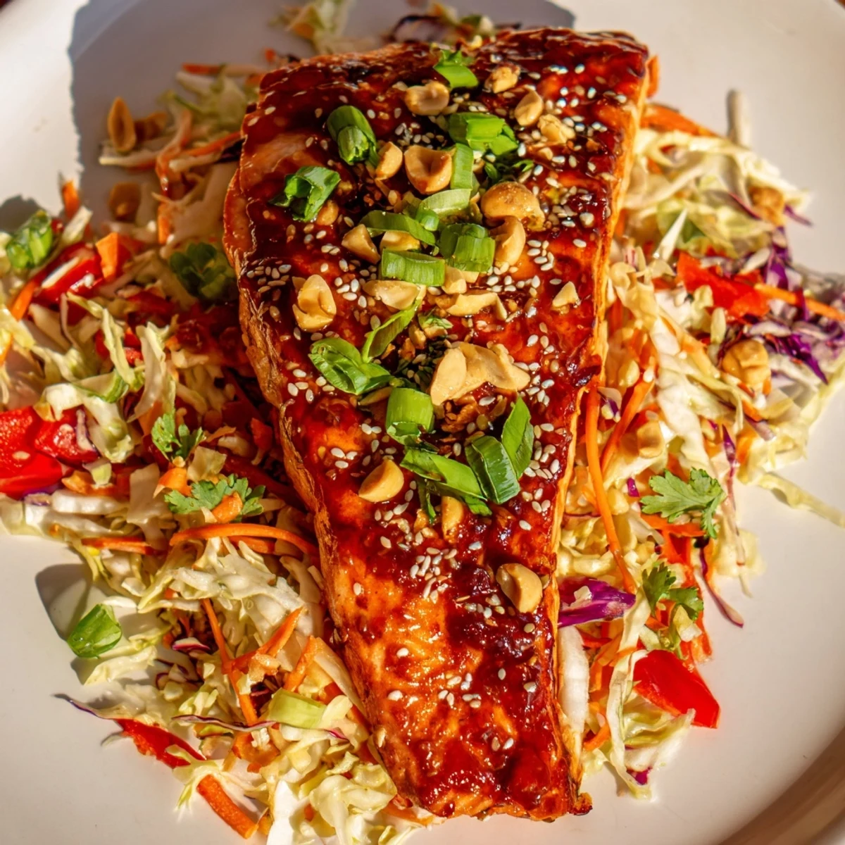 Beautifully glazed Teriyaki Salmon with a side of vibrant Asian slaw, a quick and tasty dish.