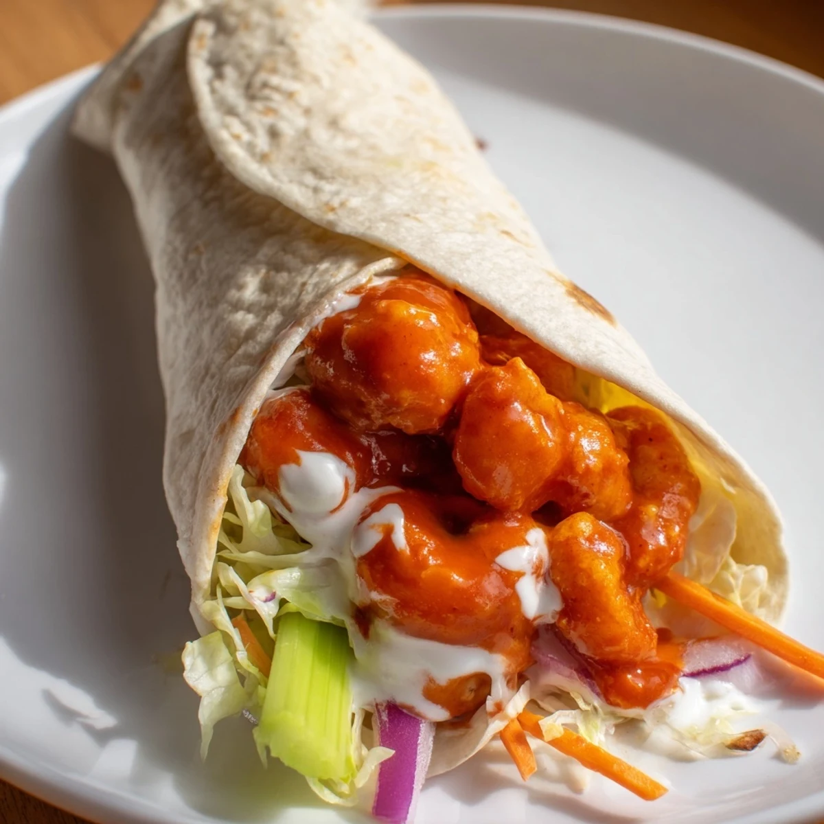 Juicy buffalo shrimp wraps, the perfect quick dinner, with creamy ranch and cool, crisp vegetables inside.