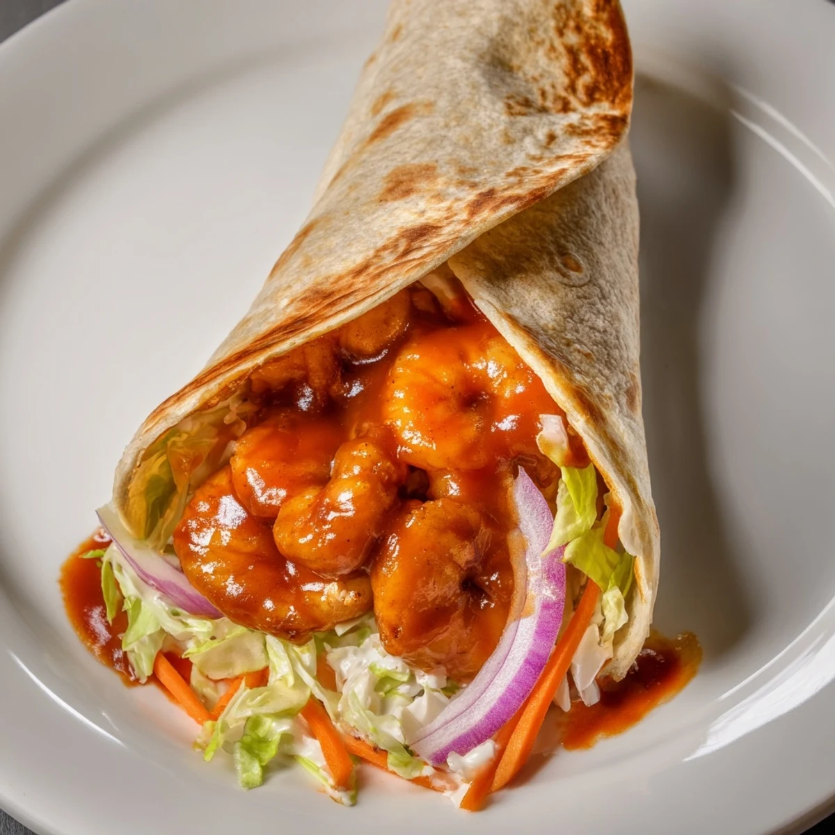 Buffalo shrimp wraps bursting with vibrant colors: lettuce, carrots, and spicy buffalo shrimp, ready to eat.