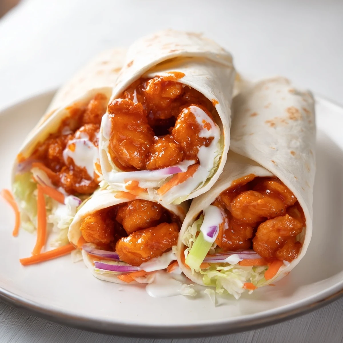 Flavorful buffalo shrimp wraps: seasoned shrimp coated in buffalo sauce, ready to be rolled and served.