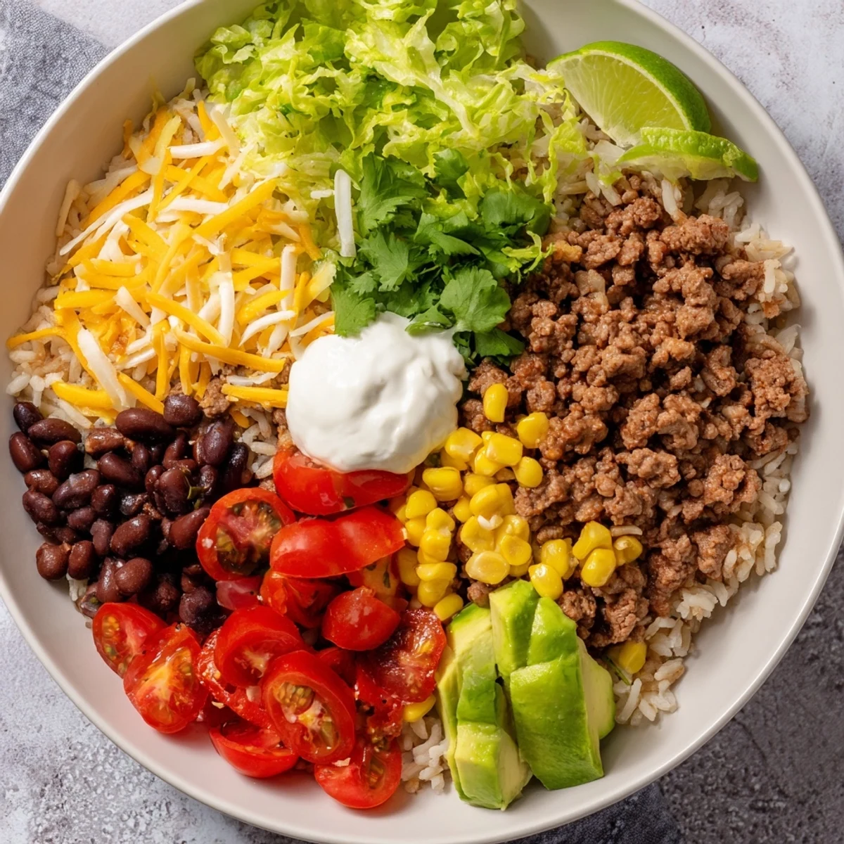 Bright layers of a Loaded Beef Burrito Bowl with cheddar cheese, cilantro, and creamy sour cream top it off.
