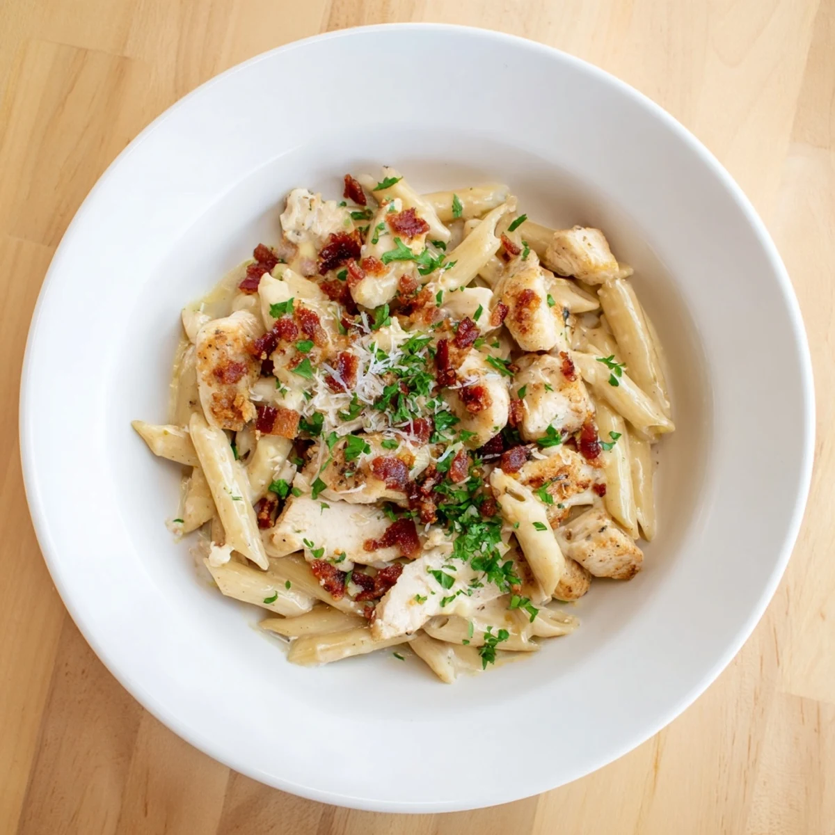 Creamy Ranch Chicken & Bacon Penne pasta, served steaming hot, with crispy bacon crumbles and fresh parsley.