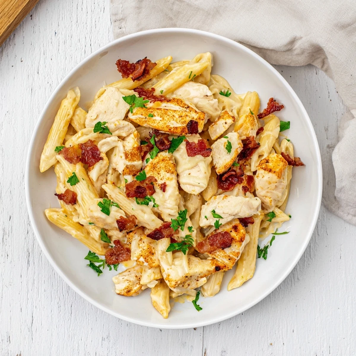 A close-up of Ranch Chicken & Bacon Penne, showing tender chicken and a rich, creamy cheese sauce coating the penne.