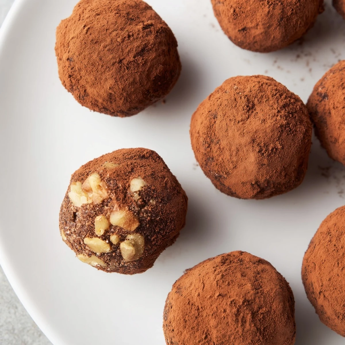 These Date & Walnut Truffles are ready to eat, with a rich flavor and cocoa-covered finish.