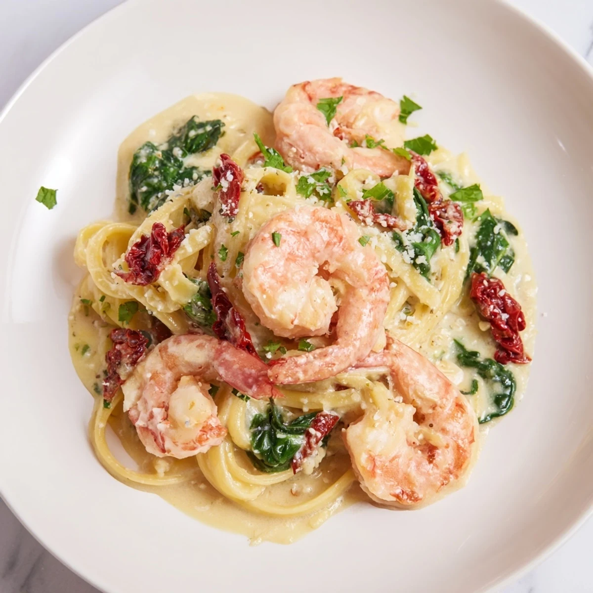Tuscan Garlic Shrimp Pasta, a creamy Italian delight with shrimp, tomatoes, and spinach swimming in sauce.