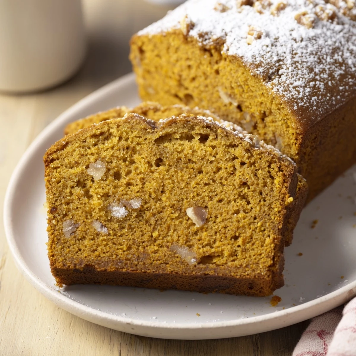 Steaming mug of pumpkin bread, soft inside, spiced with cinnamon and perfect for fall flavor.