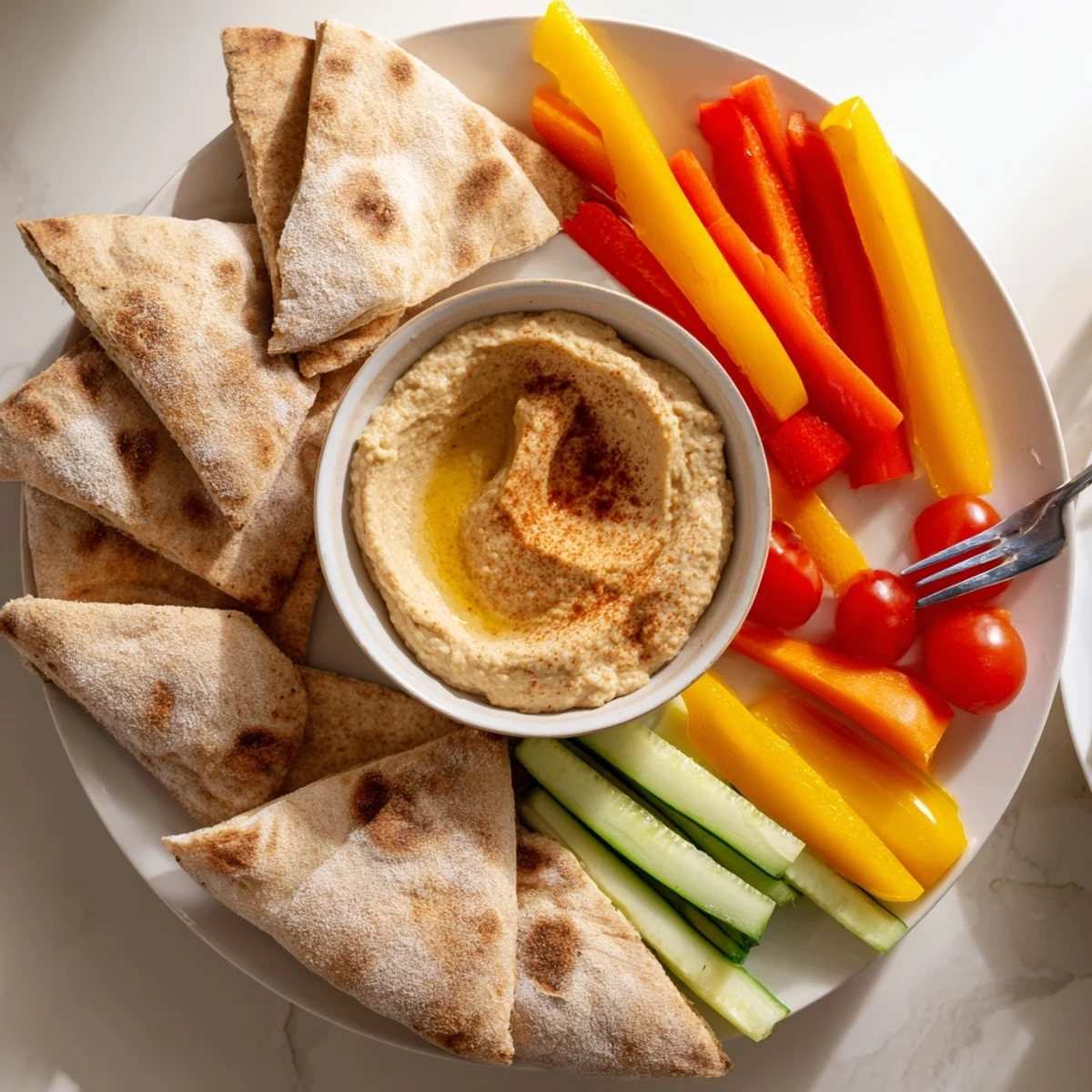 A warm, fluffy pita bread ready to dip into the creamy homemade hummus for a tasty snack.