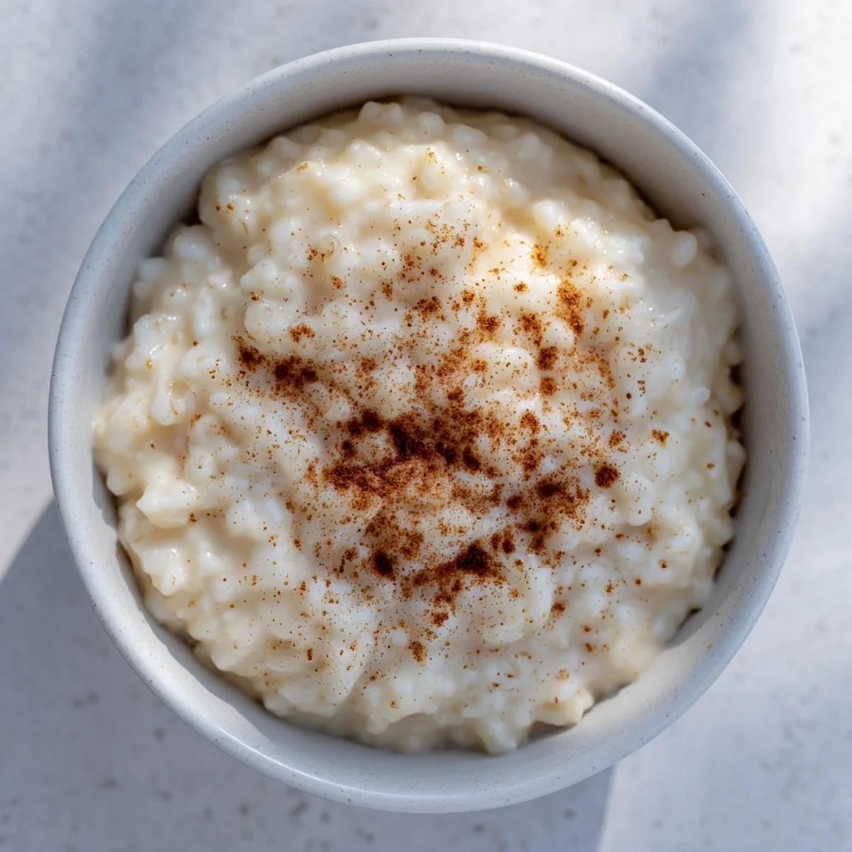 Steaming bowl of Rice Pudding with Leftover Rice, finished with a generous dusting of cinnamon.