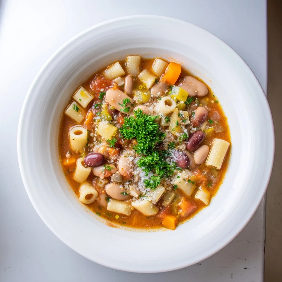 Steaming bowl of Pasta e Fagioli soup, with a sprinkle of fresh parsley and Parmesan.