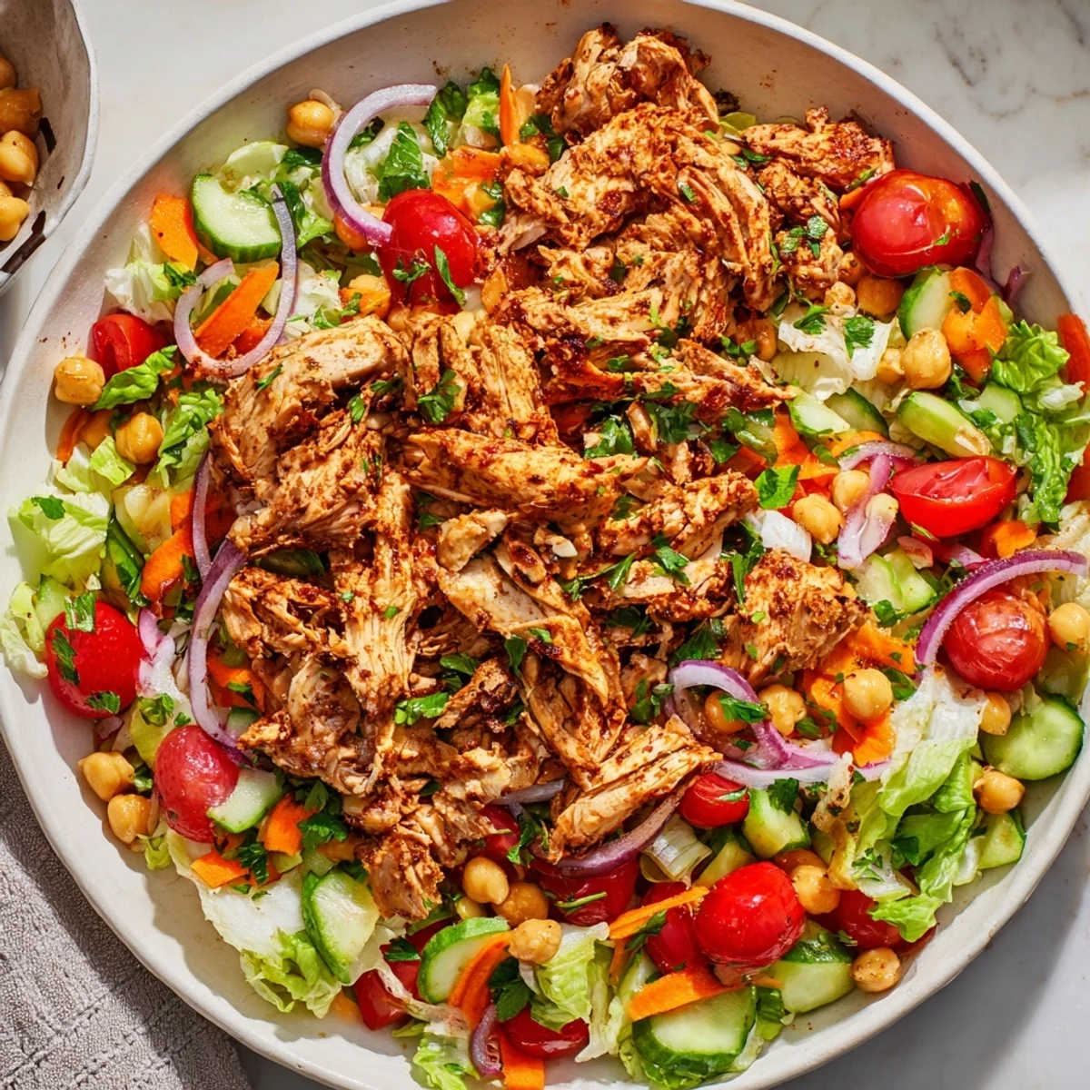 Freshly tossed Chicken Salad featuring roasted chicken thighs and a mix of crisp, colorful vegetables.
