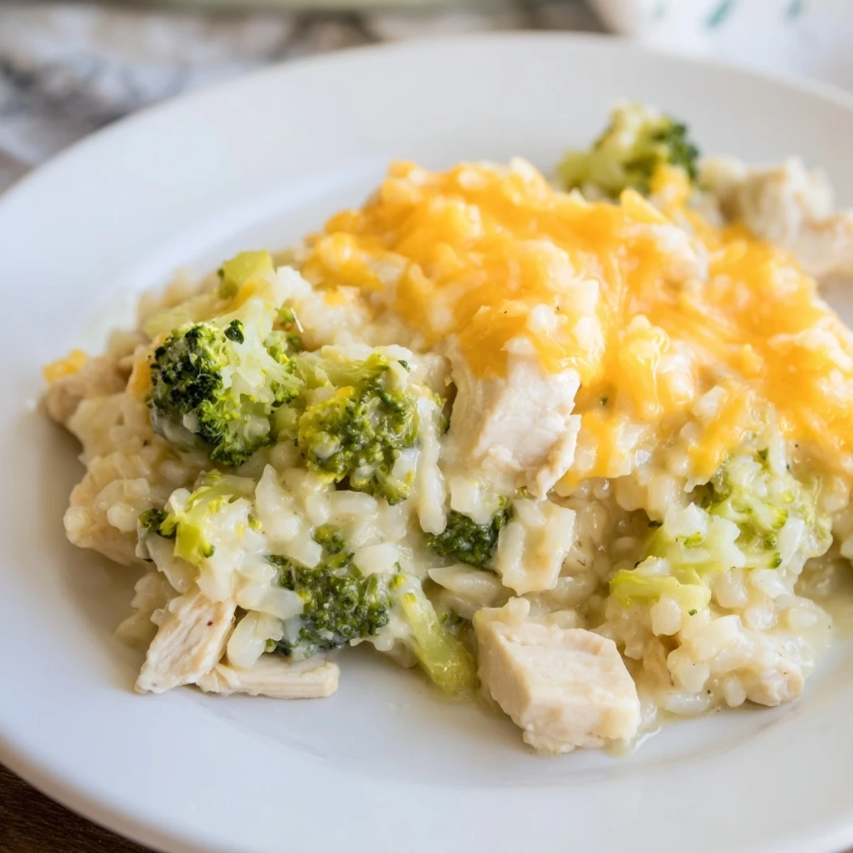 Delicious, baked Chicken & Broccoli Rice Casserole, with a crispy, golden top and creamy, cheesy sauce.