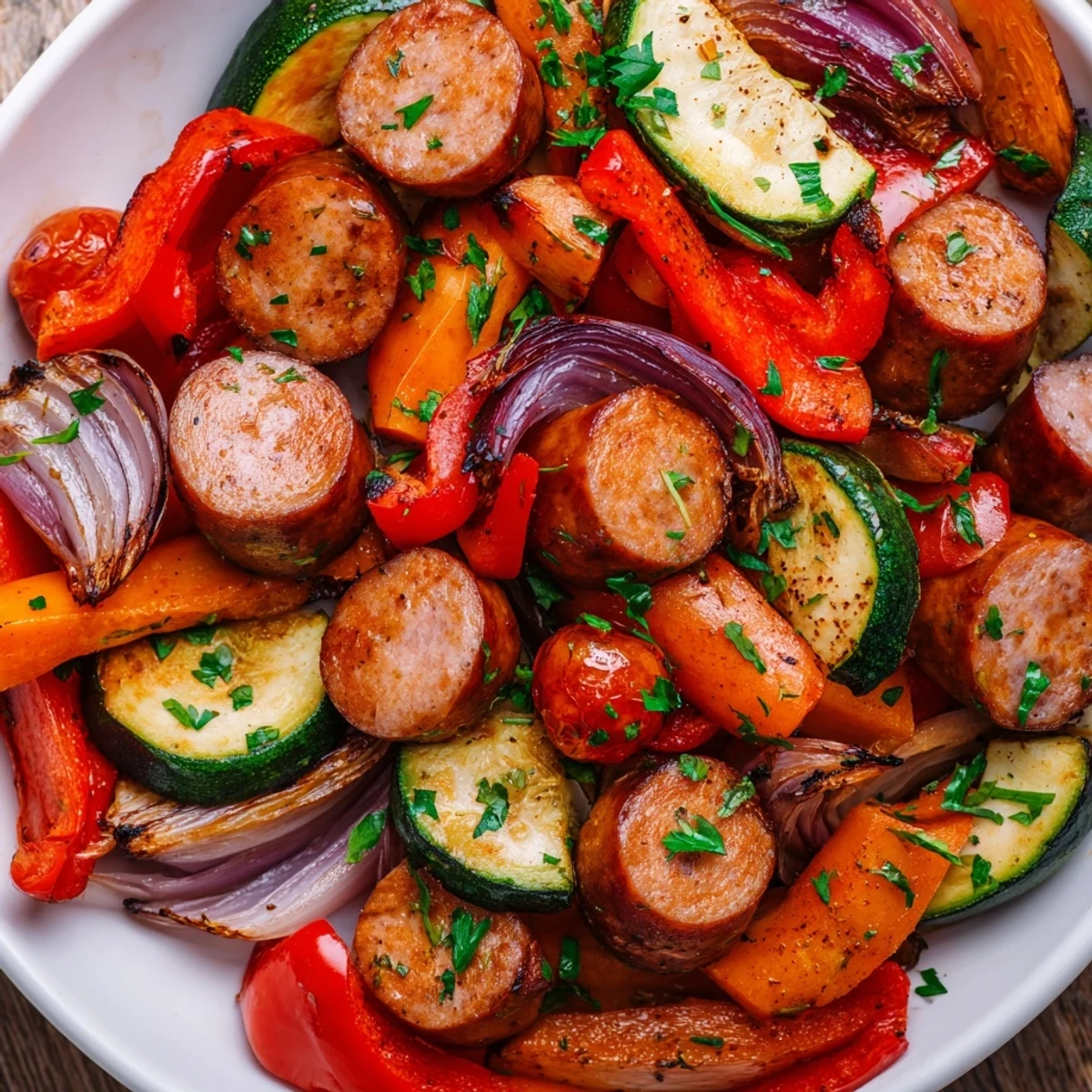Vibrant sheet-pan roasted veggies and sausage, a colorful mix of seasonal vegetables and savory sausage.