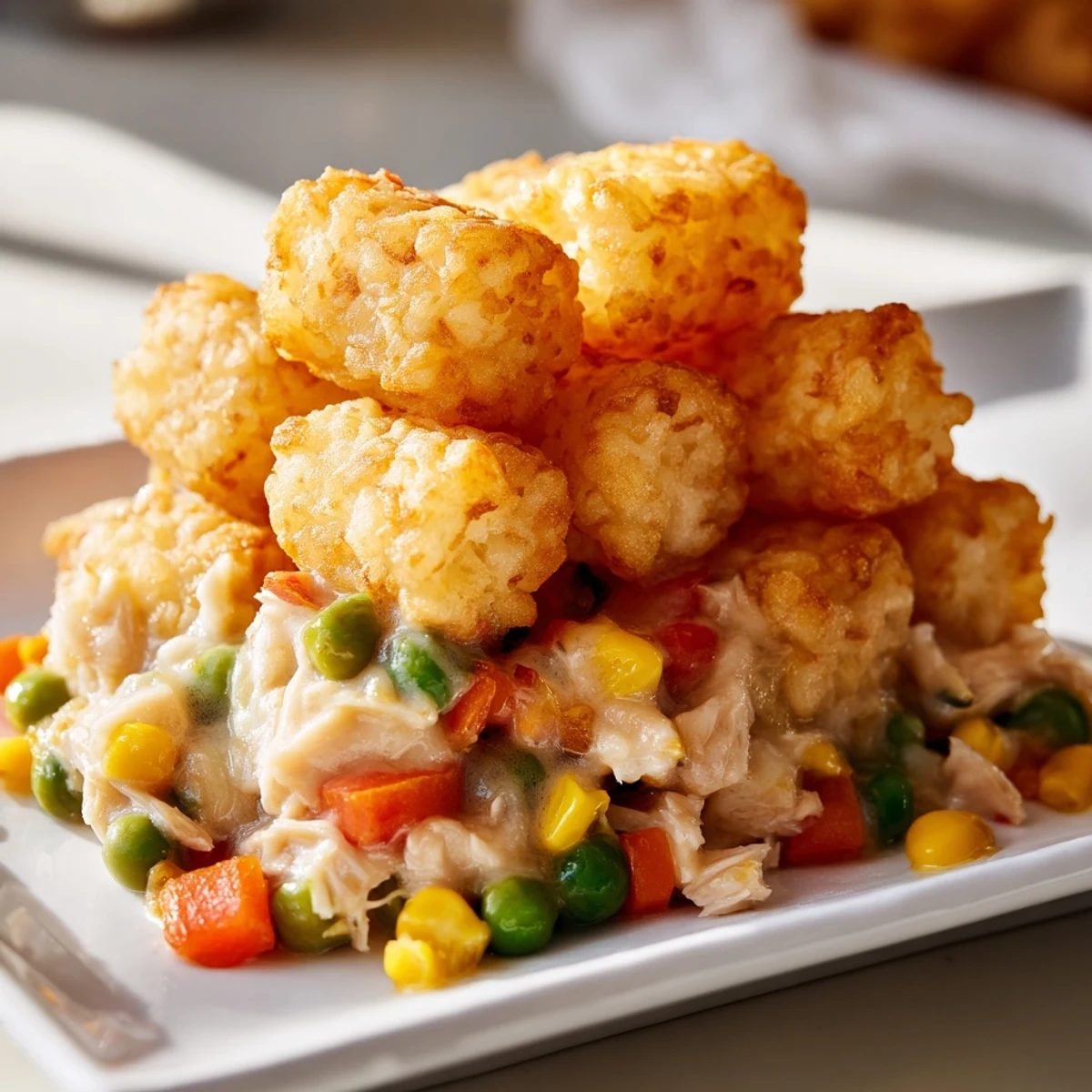 Golden tater tots topping a creamy chicken and vegetable Tater Tot Chicken Pot Pie, bubbling hot.