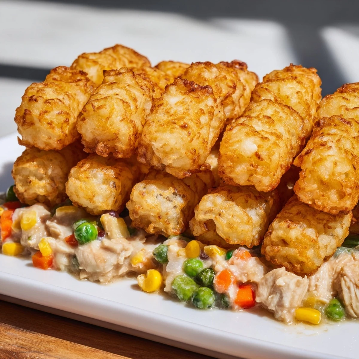 A baking dish filled with savory Tater Tot Chicken Pot Pie, ready for a comforting family dinner.
