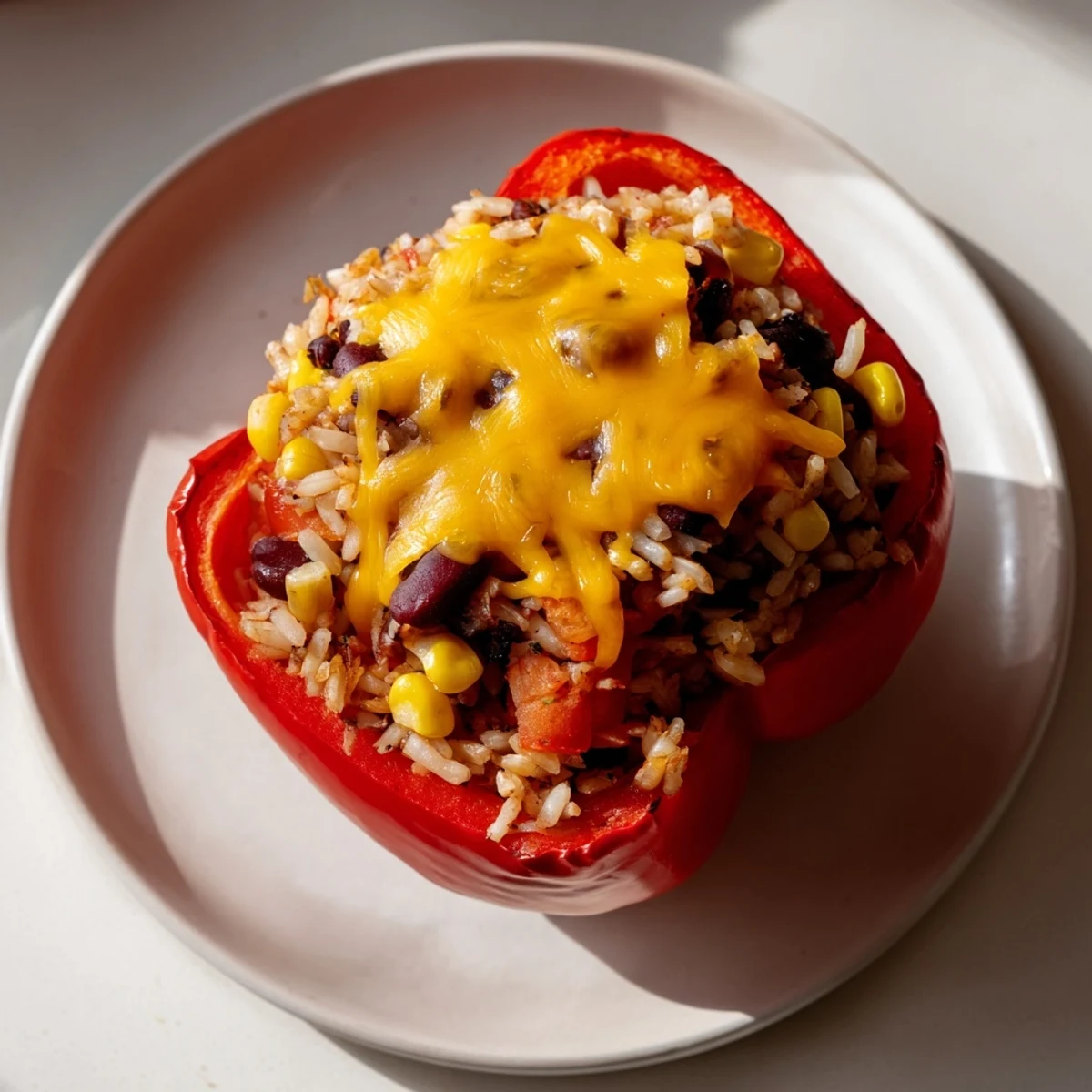 View of hearty Stuffed Bell Peppers with a bubbling cheese topping, ready to serve and enjoy.