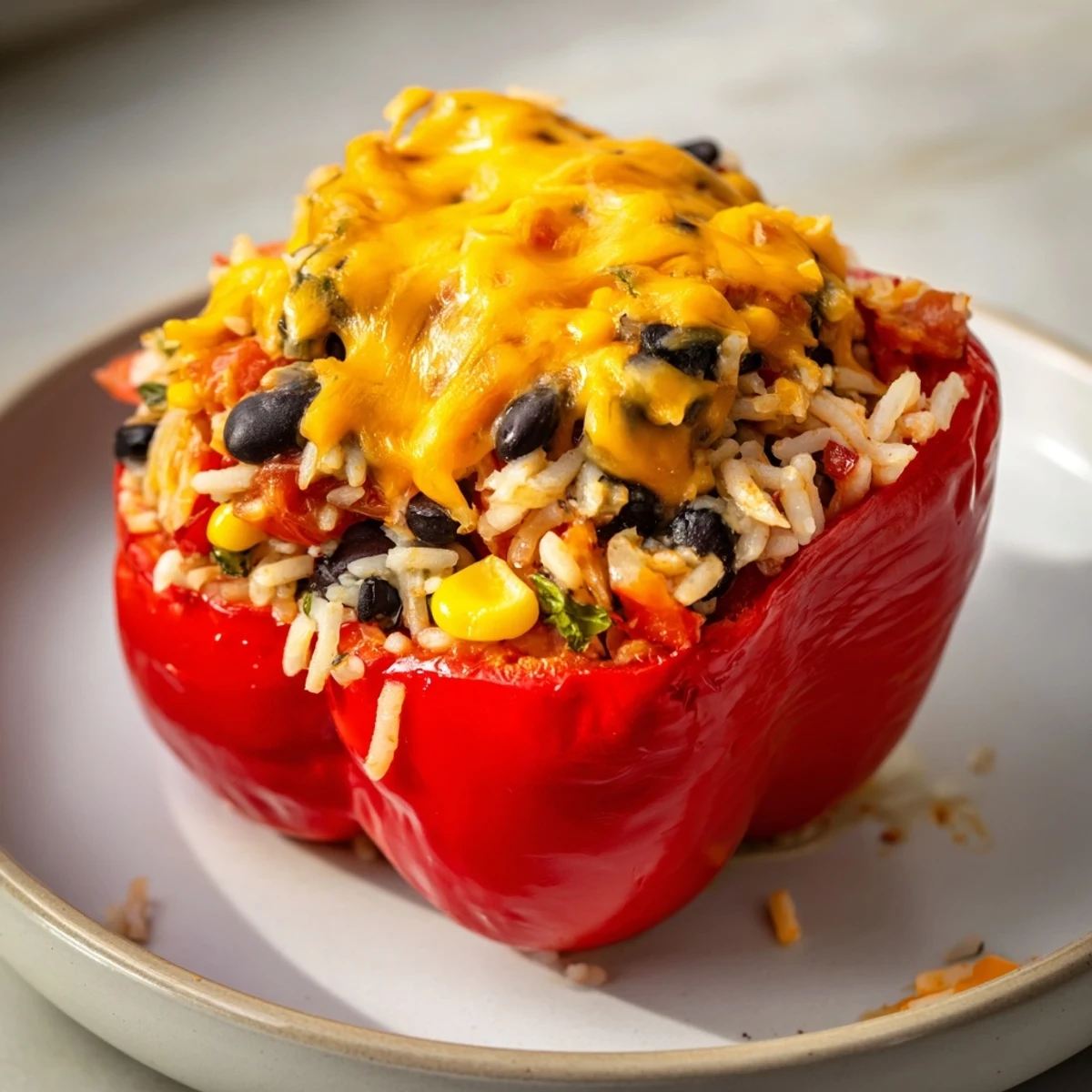 A close-up of colorful Stuffed Bell Peppers revealing a flavorful rice and bean filling, mouthwatering.
