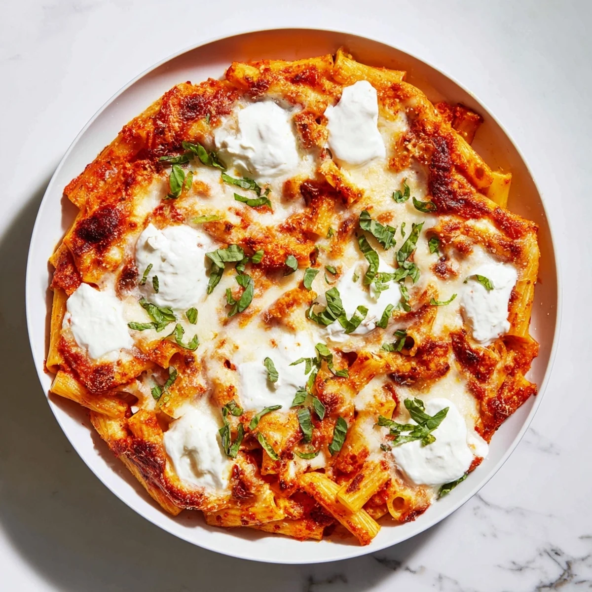 Steaming one-pan baked ziti with bubbly mozzarella and golden Parmesan, ready to serve and enjoy.