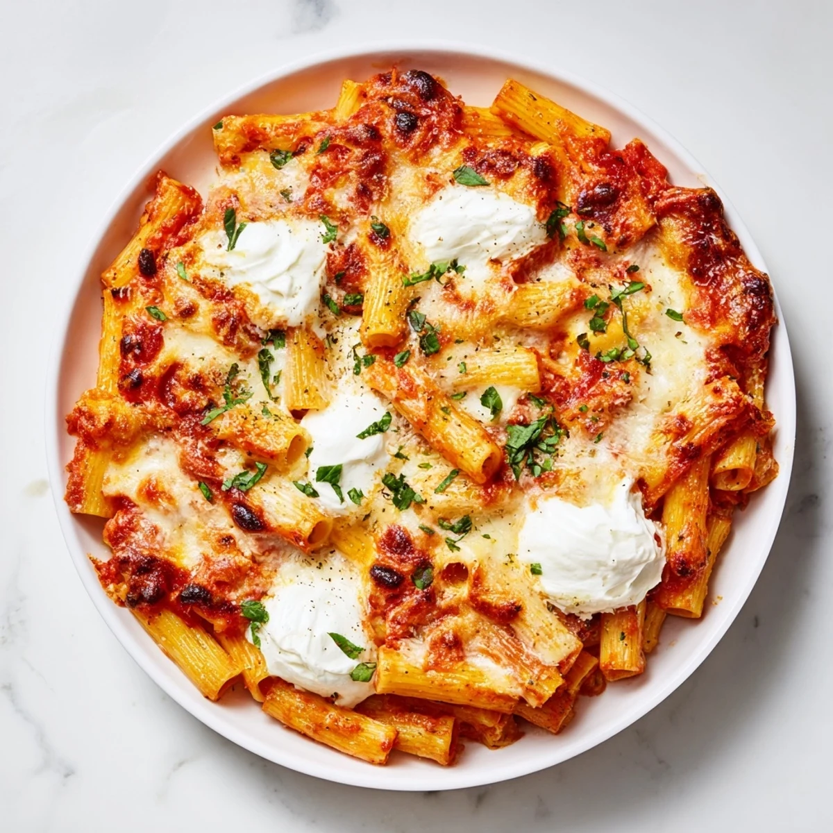 Delicious, cheesy baked ziti fresh from the oven, featuring a rich tomato sauce and comforting flavors.