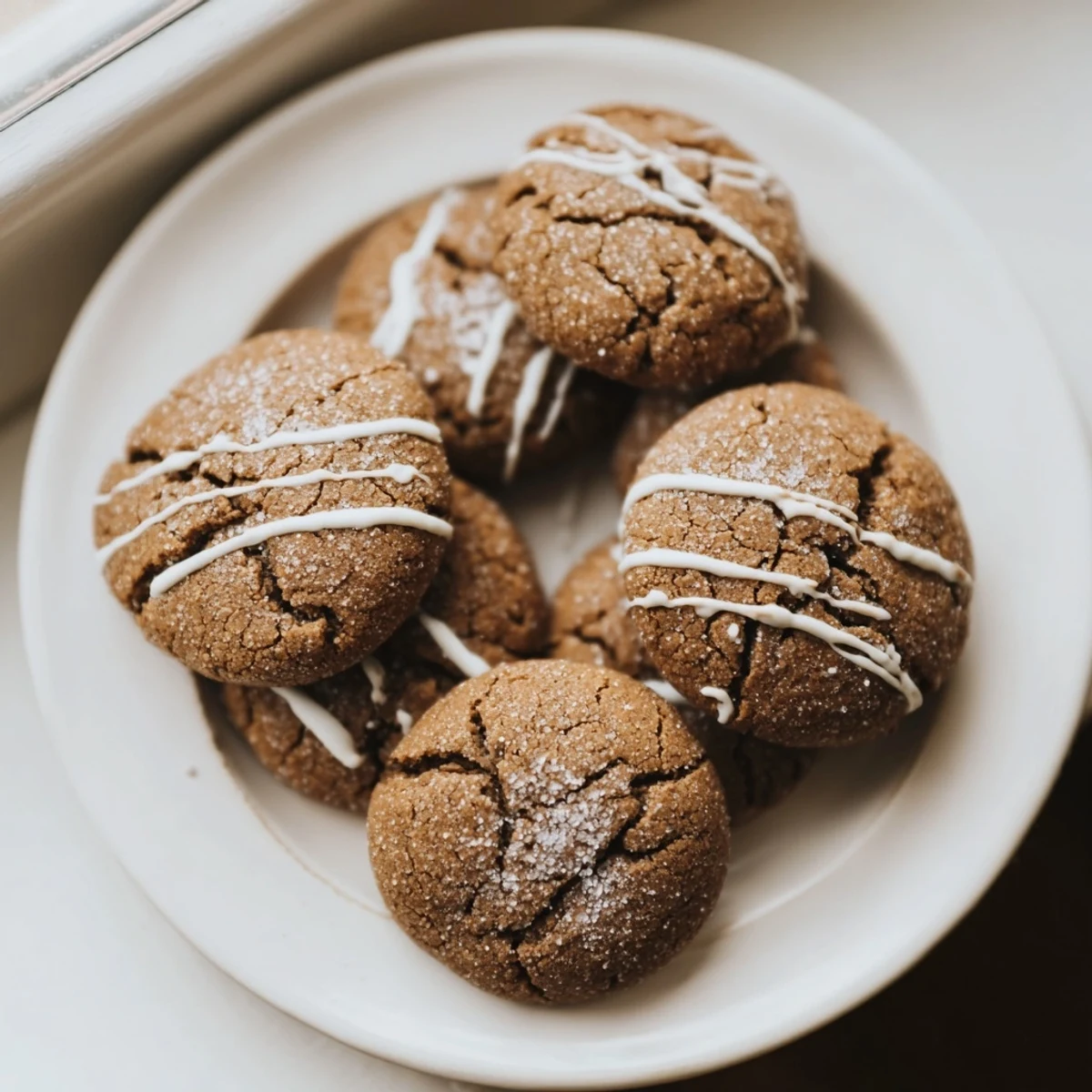 Warm, spiced gingerbread latte cookies drizzled with white chocolate, perfect for winter snacking.