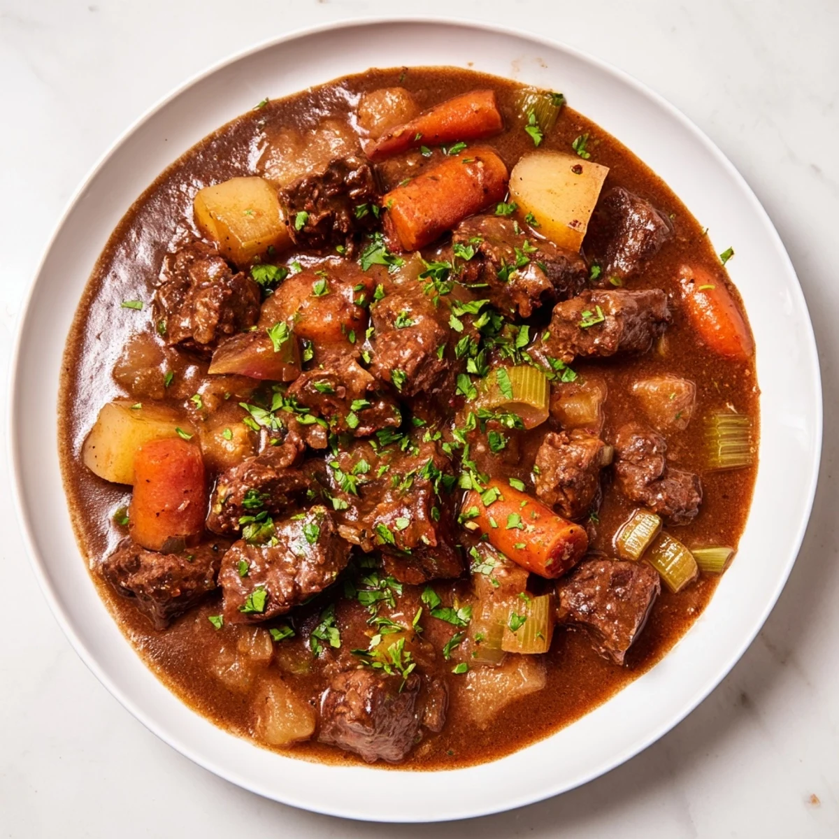 Hearty Instant Pot Beef Stew with tender beef and vegetables, garnished with fresh parsley for serving.
