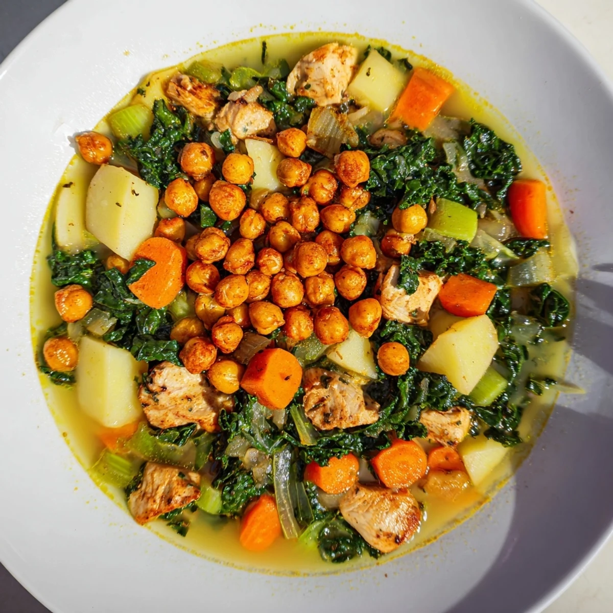 A steaming bowl of Chicken Kale Soup with crispy chickpeas, a comforting, healthy meal.