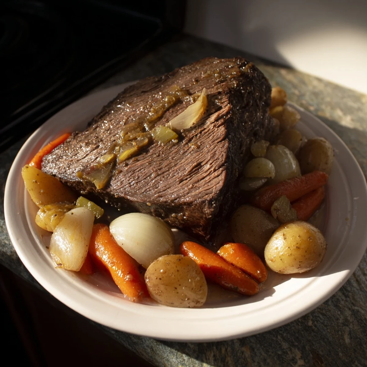 Tender Pickle Brine Pot Roast resting in its savory juices with colorful vegetables ready to be served.