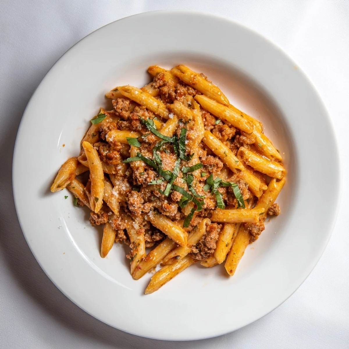 Creamy Tomato and Sausage Pasta, swirled with parmesan and fresh basil, ready to serve on a plate.