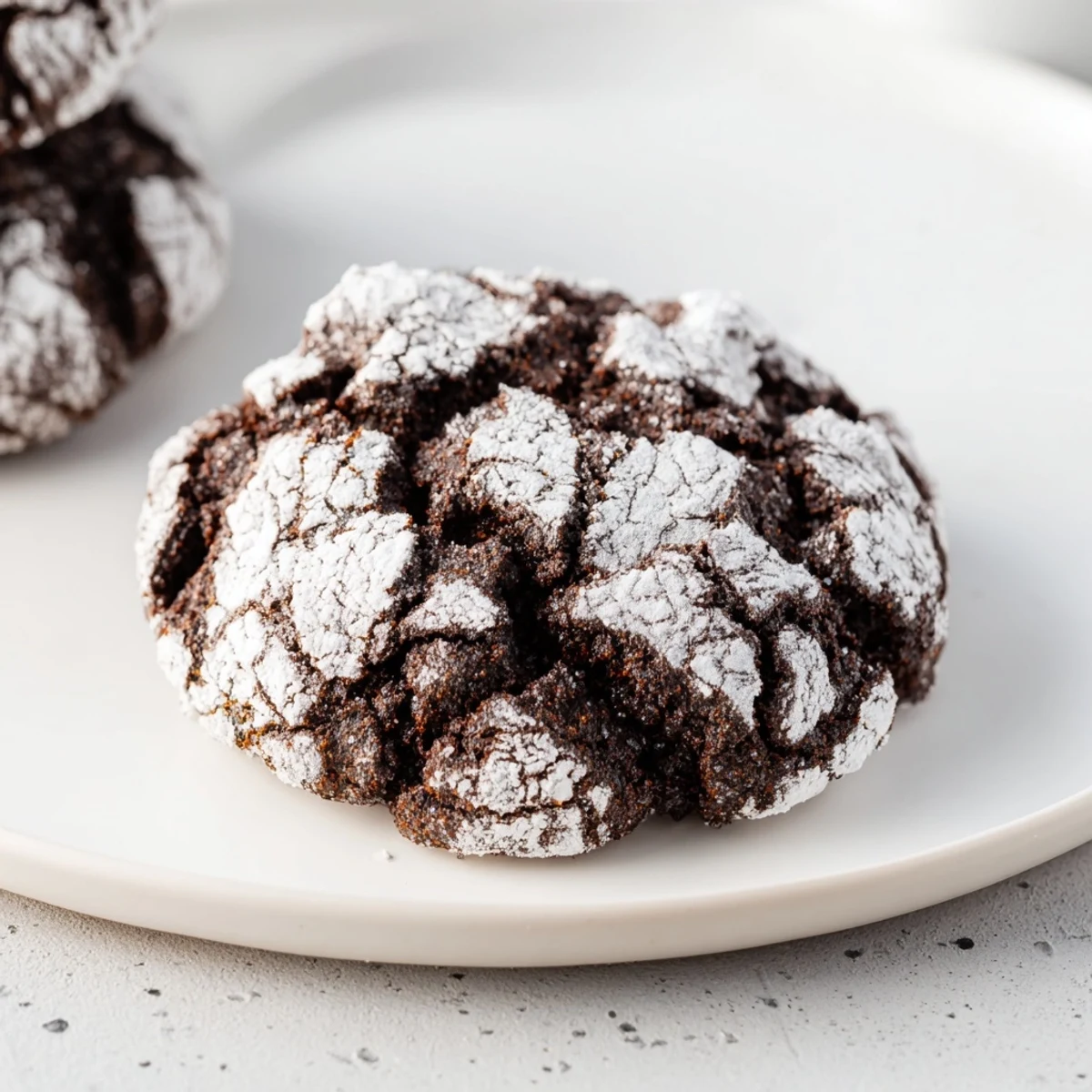 Close-up of freshly baked Chocolate Crinkle Cookies, covered in powdered sugar, ready to eat.