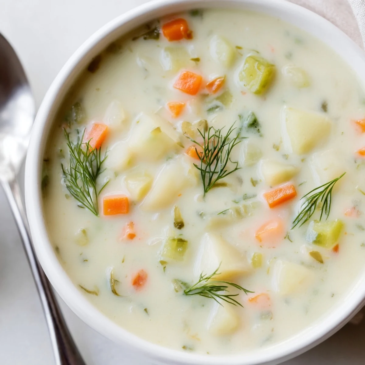 A steaming bowl of Creamy Dill Pickle Soup, perfectly garnished with fresh dill before serving.