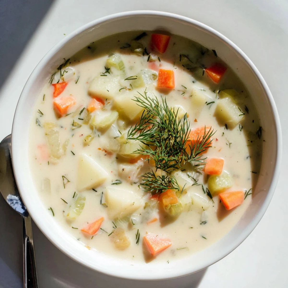 Thick and creamy Creamy Dill Pickle Soup, showcasing the bright flavor of dill and pickles.
