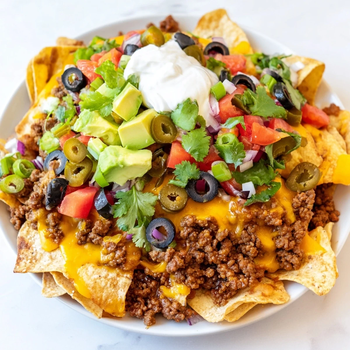 A loaded sheet pan of nachos with budget ground beef, bubbly cheese, and colorful toppings, ready to devour.